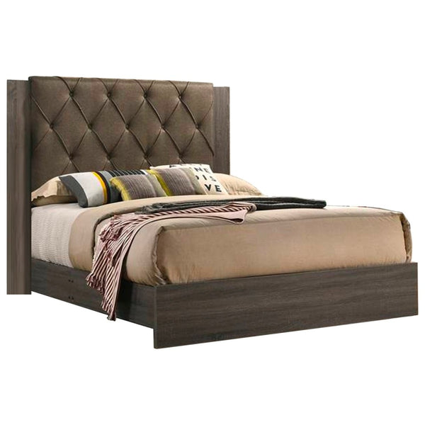 English Elm Contemporary Queen Size Bed With Tufted Upholstered Headboard In Gray Rubberwood Finish - Cozy Design B011P236787
