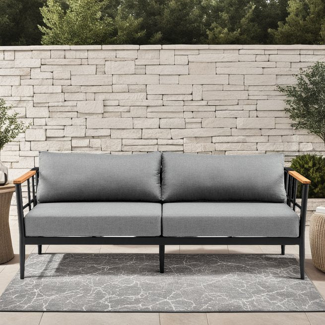 English Elm Harlen Outdoor Aluminum And Teak Sofa - All-Weather Comfort With Quick-Drying Cushions, 79" Long B2736P354359