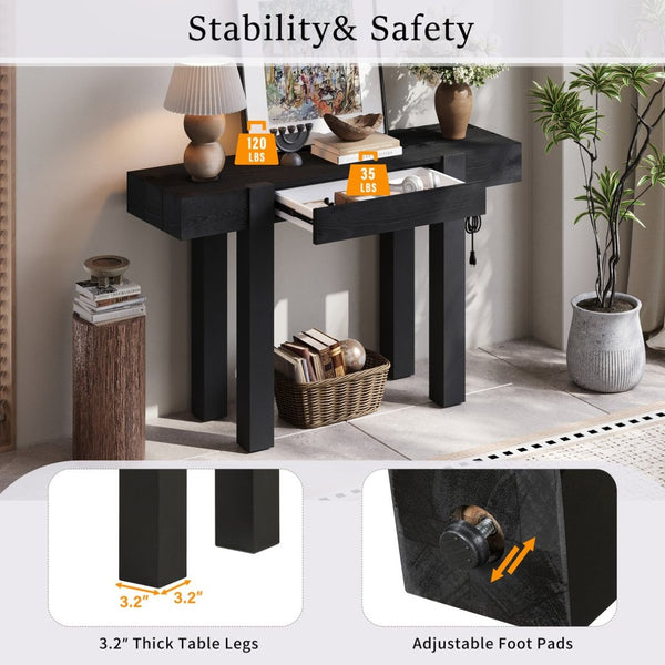 English Elm Trexm Ash Veneer Entryway Console Table Built in Power Outlet Drawer Rubberwood Black N715P361518B