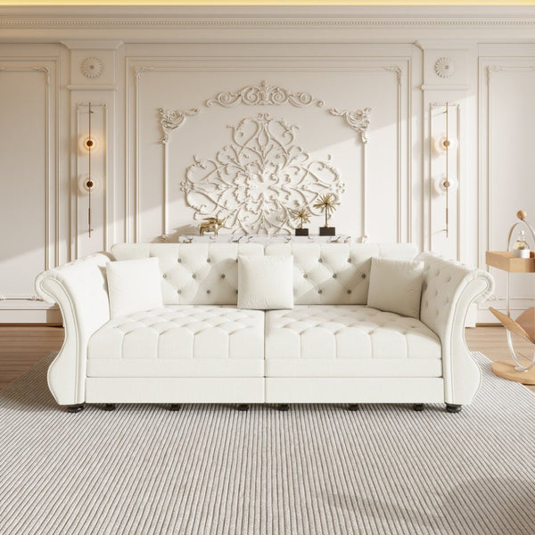 English Elm 97.6" Oversized Velvet Chesterfield Sleeper Sofa Floral Tufted Roll Arm Living Room Couch Beige White W1885S00397