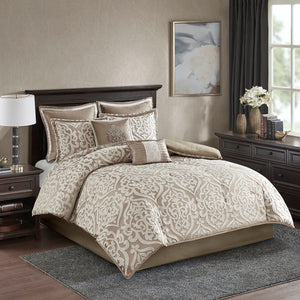 English Elm 8 Piece Jacquard Comforter Set - Luxurious Tan/Ivory Queen Ensemble With Elegant Medallion Design B035128885