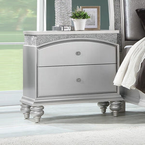 English Elm Platinum Glam Nightstand with 2 Drawers, Rhinestone Inlay, Arched Top Drawer & Bun Legs, 28" W B2741P322566