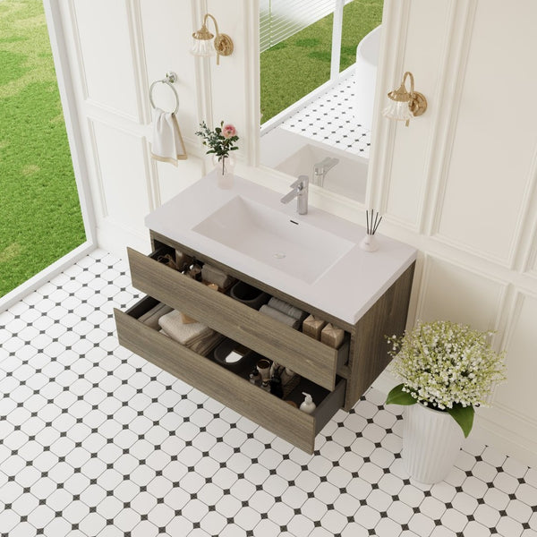 English Elm 42" Floating Bathroom Vanity Wall Mounted Ash Cabinet Soft Close Integrated Basin Grey W1573P152701