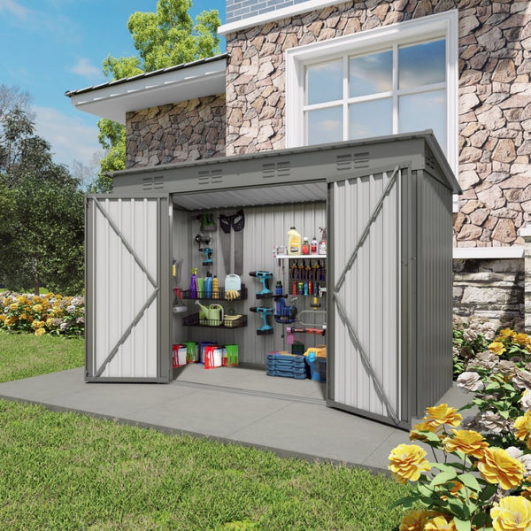 English Elm 4 X 9 Ft Galvanized Steel Outdoor Shed with Vented Sloped Roof and Wide Swing Doors W3213S00006