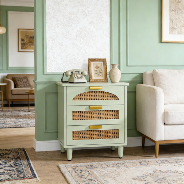 English Elm Rattan Three Drawer Nightstand Hand Woven Farmhouse Accent Table for Bedroom or Living Room T3971P453647