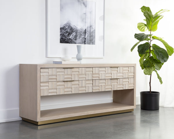 Sunpan Akava Dresser - Minimalist Light Oak Wood with Textured Drawer Fronts and Gold Aluminum Handles