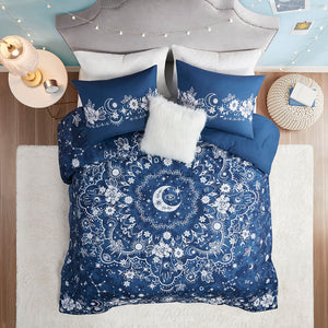 JLA Home Intelligent Design - Celestial navy comforter set with stars, moons & floral accents, antimicrobial, machine washable, luxe feel 90 L x 90 W x 1H ID10-2126