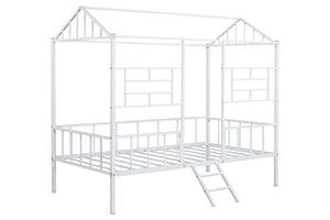 English Elm Twin Contemporary House-Style Loft Bed with Full Metal Frame, Angled Ladder, Sturdy Kids Bunk Design White 78 L x 15 W x 7 H B2741P347294