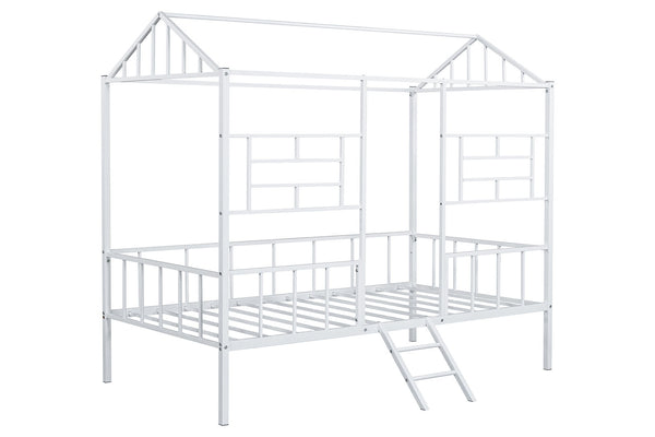 English Elm Twin Contemporary House-Style Loft Bed with Full Metal Frame, Angled Ladder, Sturdy Kids Bunk Design White 78 L x 15 W x 7 H B2741P347294