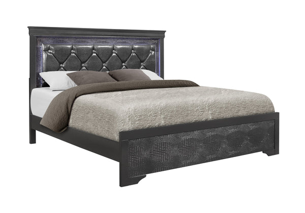 English Elm SHAKER Metallic Grey Full Bed with LED Lighting, Crystal-Tufted Padded Headboard, Solid Wood MDF Frame B201S00338