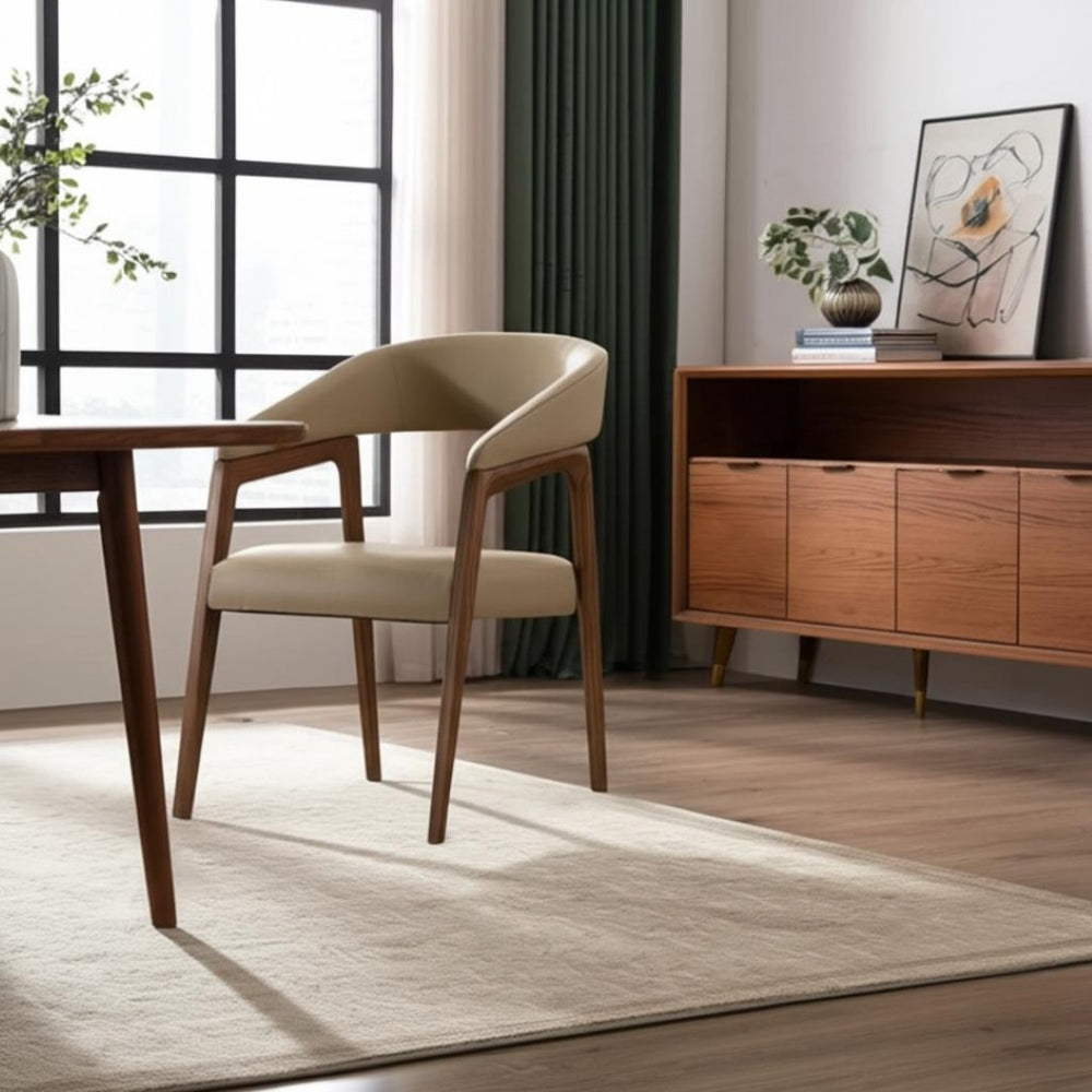 HomeRoots Taupe Upholstered Faux Leather Curved Back Dining Arm Chair - Mid-Century Modern Style & Comfort 283002