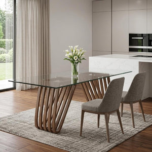 83 Inch Glass Top Solid Wood Double Pedestal Dining Table for Elegant Gatherings
