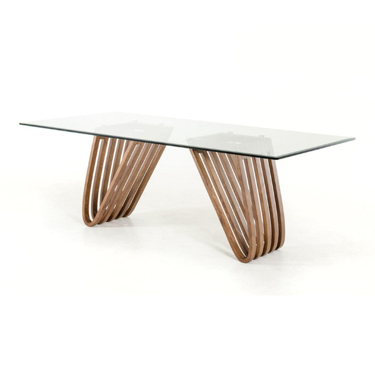 HomeRoots 83 Inch Glass Top Solid Wood Double Pedestal Dining Table for Elegant Gatherings 283014