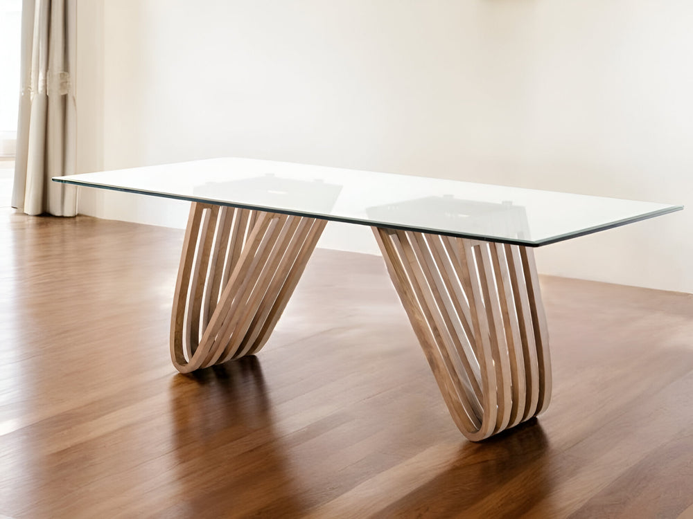 Homeroots 83" Clear And Brown Glass And Solid Wood Double Pedestal Base Dining Table   283014