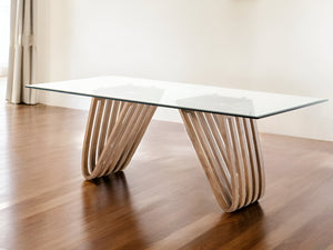 Homeroots 83" Clear And Brown Glass And Solid Wood Double Pedestal Base Dining Table   283014