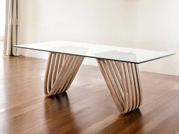 Homeroots 83" Clear And Brown Glass And Solid Wood Double Pedestal Base Dining Table   283014