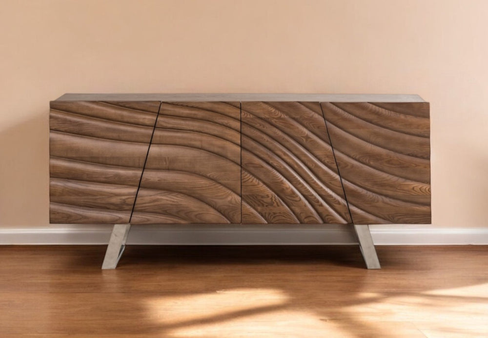 HomeRoots 71" Natural Brown Solid Wood Sideboard - Stylish Four-Door Storage for Modern Living Spaces 283028