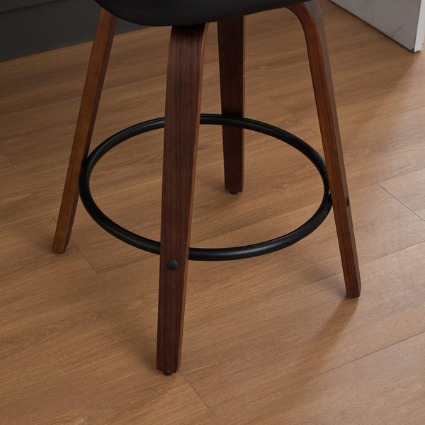 English Elm Set of 3 Rattan Counter Stools with Cane Back and Swivel, Upholstered PU Seat, Walnut Finish, Ergonomic Comfort Black W1143P300159