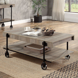 English Elm Industrial 3pc Coffee Table Set with Replicated Wood Tops and Sand Black U-Shape Steel Base, Rustic Appeal Black,Natural 50 L x 27 W x 4 H B2741P360162