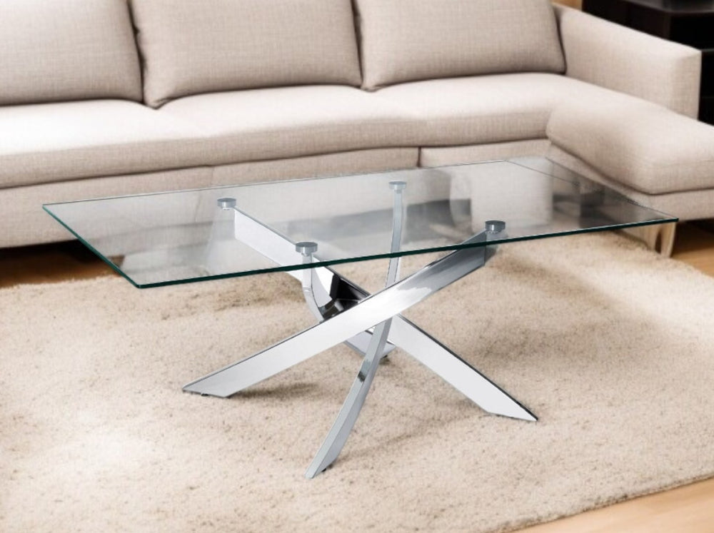HomeRoots 47" Modern Glass Coffee Table with Silver Steel Cross Legs - Stylish, Sturdy Centerpiece for Any Room 283165