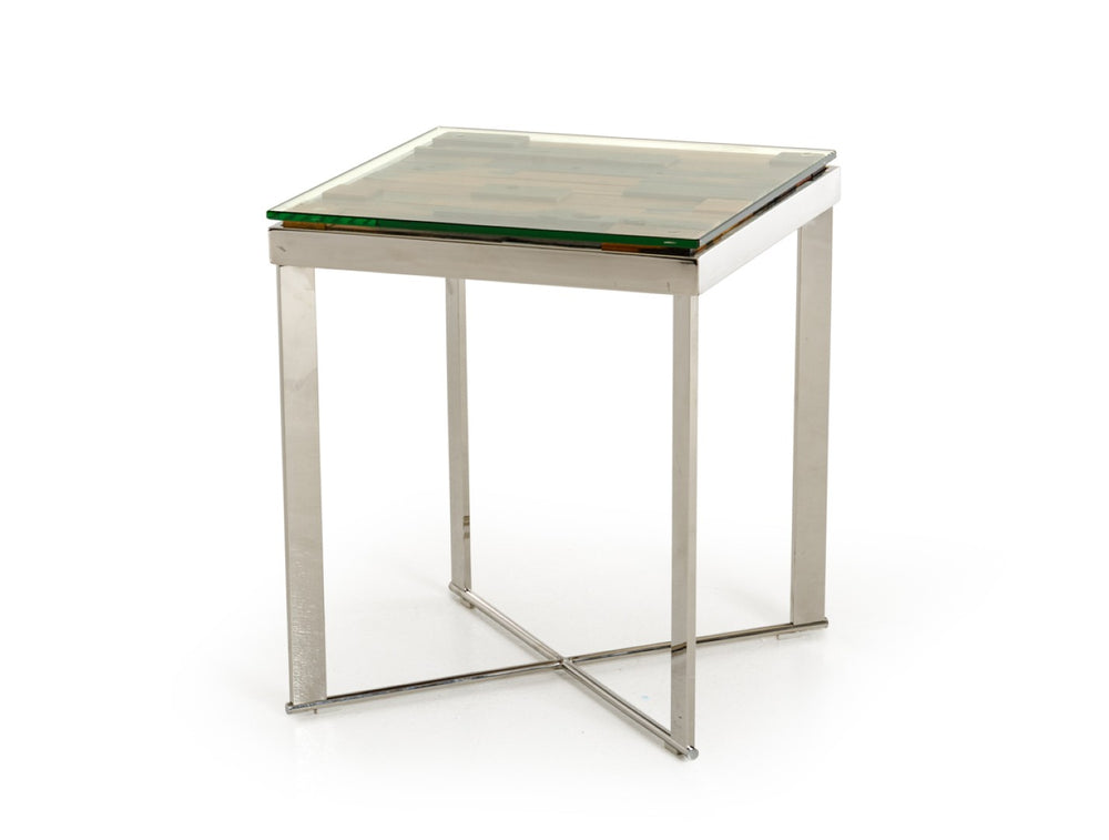 HomeRoots 22" Modern-Rustic Square End Table with Reclaimed Wood, Glass Top & Silver Steel Base for Any Room 283176