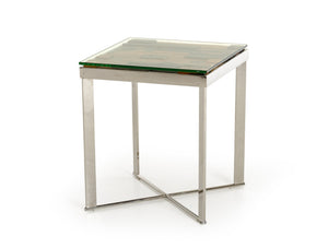 HomeRoots 22" Modern-Rustic Square End Table with Reclaimed Wood, Glass Top & Silver Steel Base for Any Room 283176
