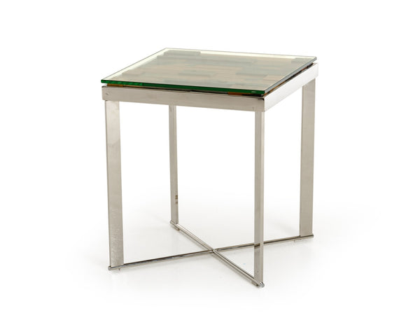 HomeRoots 22" Modern-Rustic Square End Table with Reclaimed Wood, Glass Top & Silver Steel Base for Any Room 283176