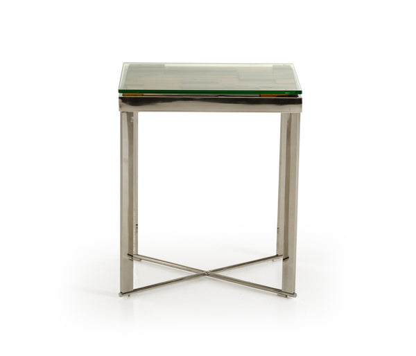 HomeRoots 22" Modern-Rustic Square End Table with Reclaimed Wood, Glass Top & Silver Steel Base for Any Room 283176