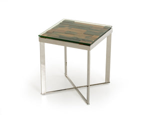 HomeRoots 22" Modern-Rustic Square End Table with Reclaimed Wood, Glass Top & Silver Steel Base for Any Room 283176