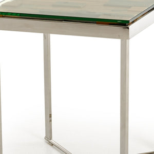 HomeRoots 22" Modern-Rustic Square End Table with Reclaimed Wood, Glass Top & Silver Steel Base for Any Room 283176