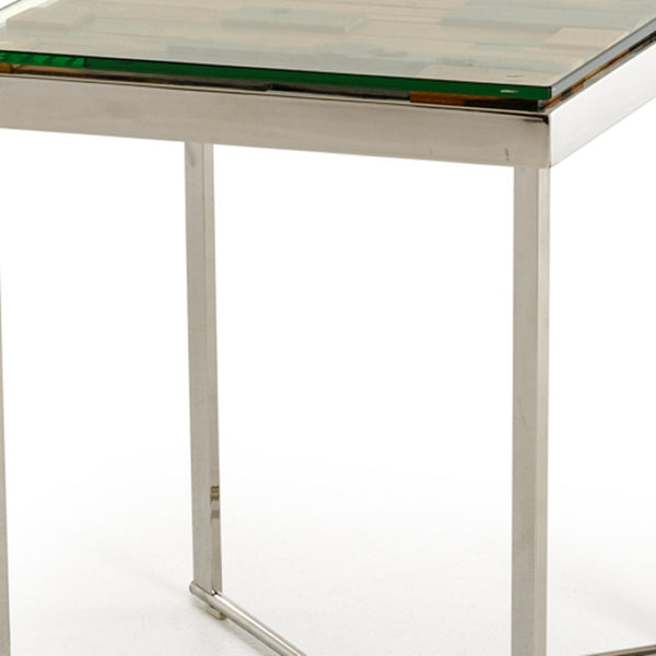 HomeRoots 22" Modern-Rustic Square End Table with Reclaimed Wood, Glass Top & Silver Steel Base for Any Room 283176