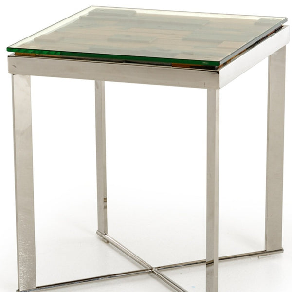 HomeRoots 22" Modern-Rustic Square End Table with Reclaimed Wood, Glass Top & Silver Steel Base for Any Room 283176