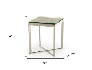 HomeRoots 22" Modern-Rustic Square End Table with Reclaimed Wood, Glass Top & Silver Steel Base for Any Room 283176