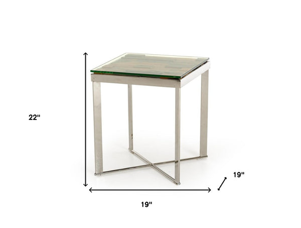HomeRoots 22" Modern-Rustic Square End Table with Reclaimed Wood, Glass Top & Silver Steel Base for Any Room 283176