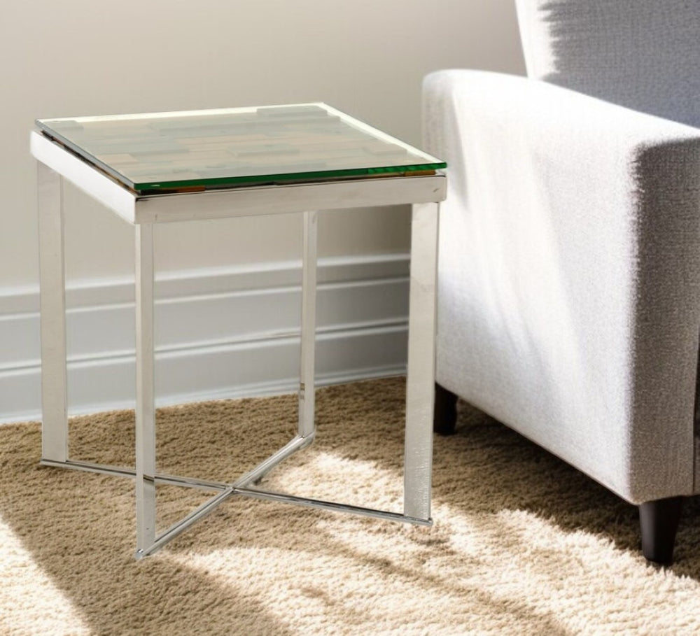 HomeRoots 22" Modern-Rustic Square End Table with Reclaimed Wood, Glass Top & Silver Steel Base for Any Room 283176