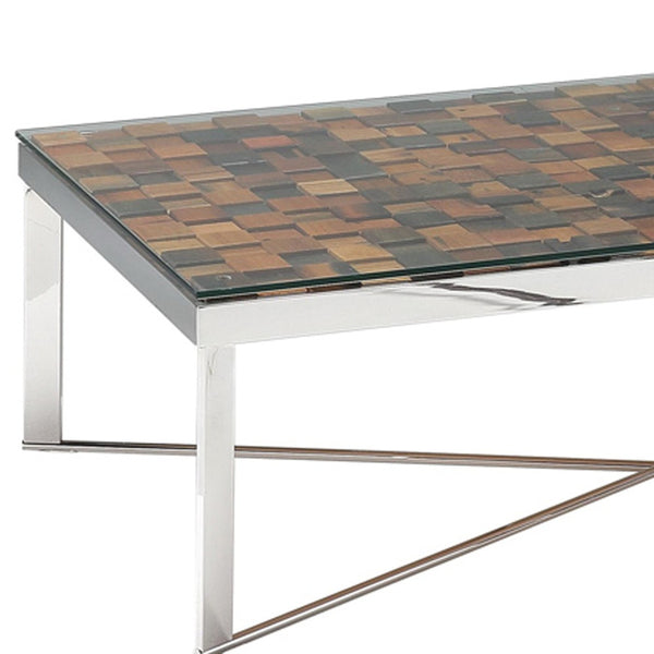 Homeroots 14" Mosaic Wood  Steel  And Glass Coffee Table   283177