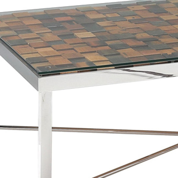 Homeroots 14" Mosaic Wood  Steel  And Glass Coffee Table   283177