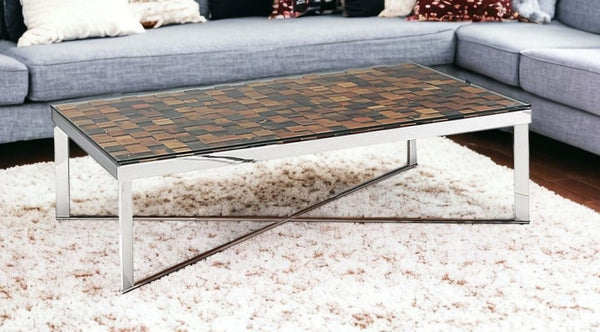 Homeroots 14" Mosaic Wood  Steel  And Glass Coffee Table   283177