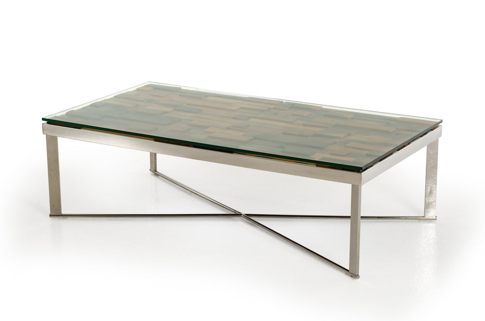 Homeroots 14" Mosaic Wood  Glass  And Steel Coffee Table   283179