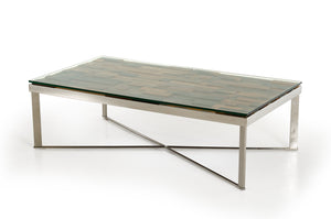 Homeroots 14" Mosaic Wood  Glass  And Steel Coffee Table   283179