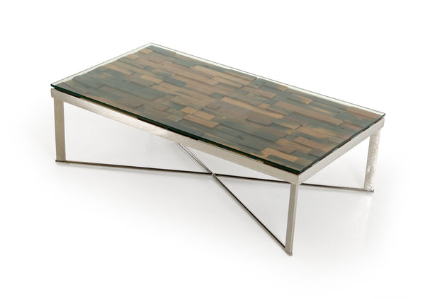 Homeroots 14" Mosaic Wood  Glass  And Steel Coffee Table   283179