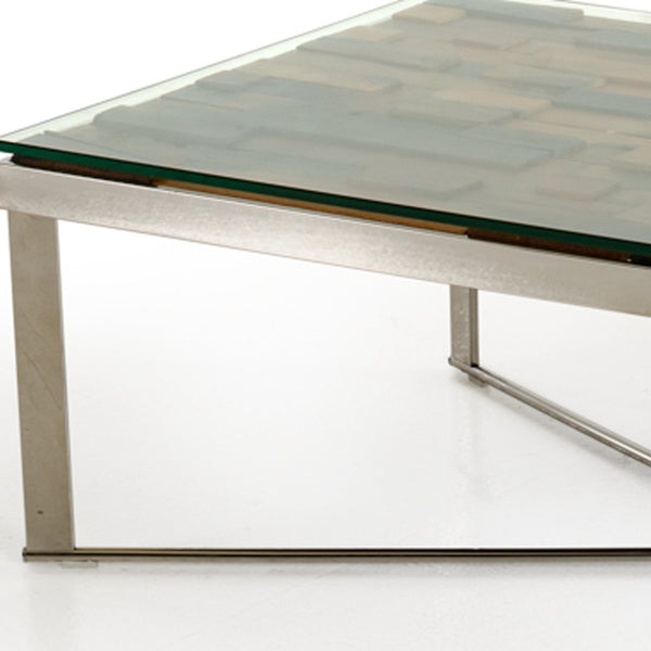 Homeroots 14" Mosaic Wood  Glass  And Steel Coffee Table   283179