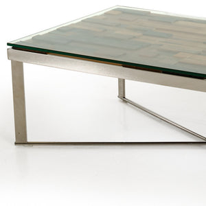 Homeroots 14" Mosaic Wood  Glass  And Steel Coffee Table   283179