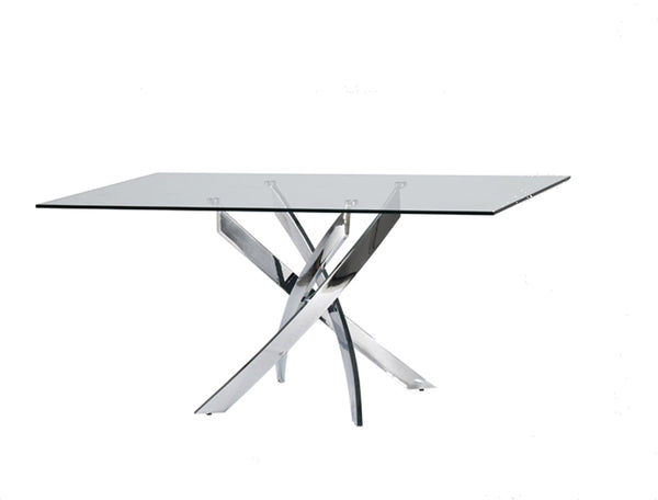 Homeroots 63" Clear And Silver Glass And Stainless Steel Pedestal Base Dining Table   283186