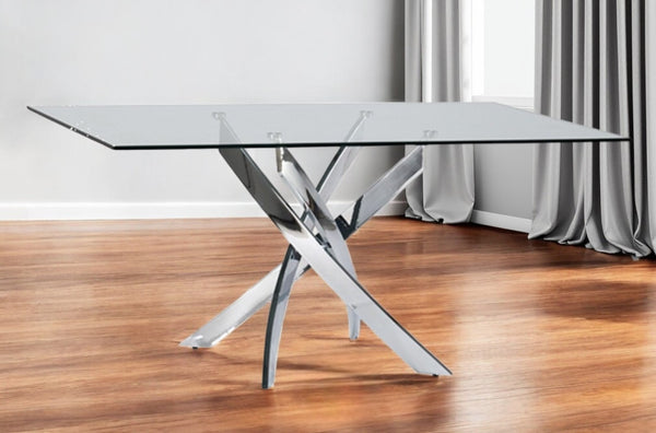 HomeRoots 63" Contemporary Glass and Stainless Steel Dining Table – Sleek Pedestal Design for Stylish Dining 283186
