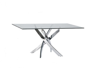 Homeroots 63" Clear And Silver Glass And Stainless Steel Pedestal Base Dining Table   283186