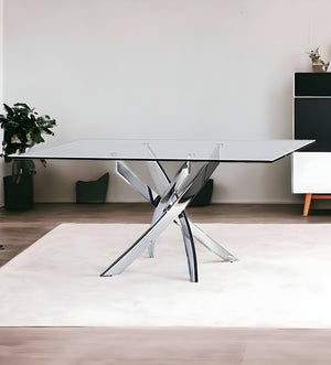 Homeroots 63" Clear And Silver Glass And Stainless Steel Pedestal Base Dining Table   283186