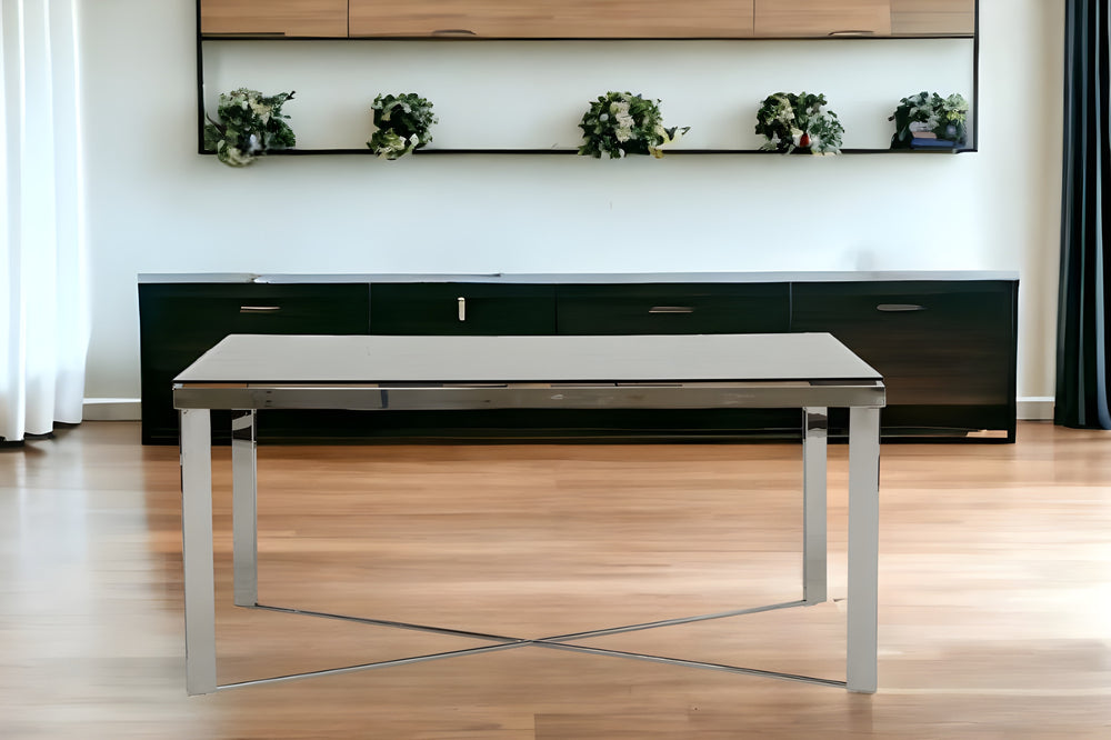 Homeroots 80" Clear And Silver Solid Wood And Stainless Steel Trestle Base Dining Table   283191