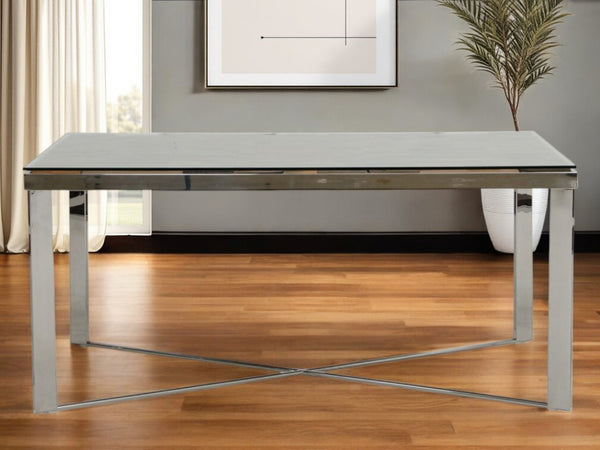 HomeRoots 80" Sleek Solid Wood and Stainless Steel Trestle Base Dining Table for Modern Dining Spaces 283191