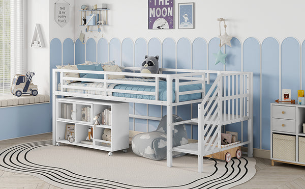 English Elm Twin Metal Loft Bed with Stairs and Six Storage Cubbies, Sturdy Metal Slat Support, Safe Low Design for Kids White 75.2 L x 17.72 W x 9.45 H W2593P305721